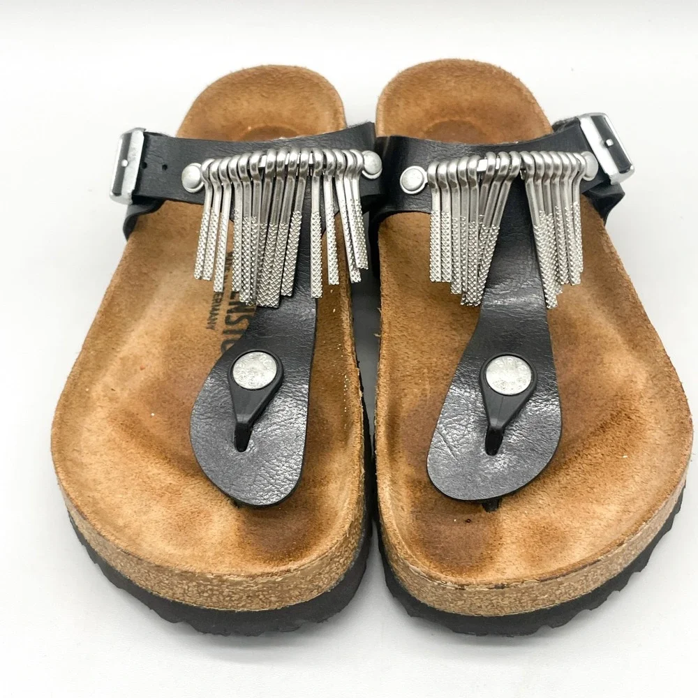 Birkenstock Womens 35 4 Gizeh Fringe Sandals Black Leather Silver Hardware Boho